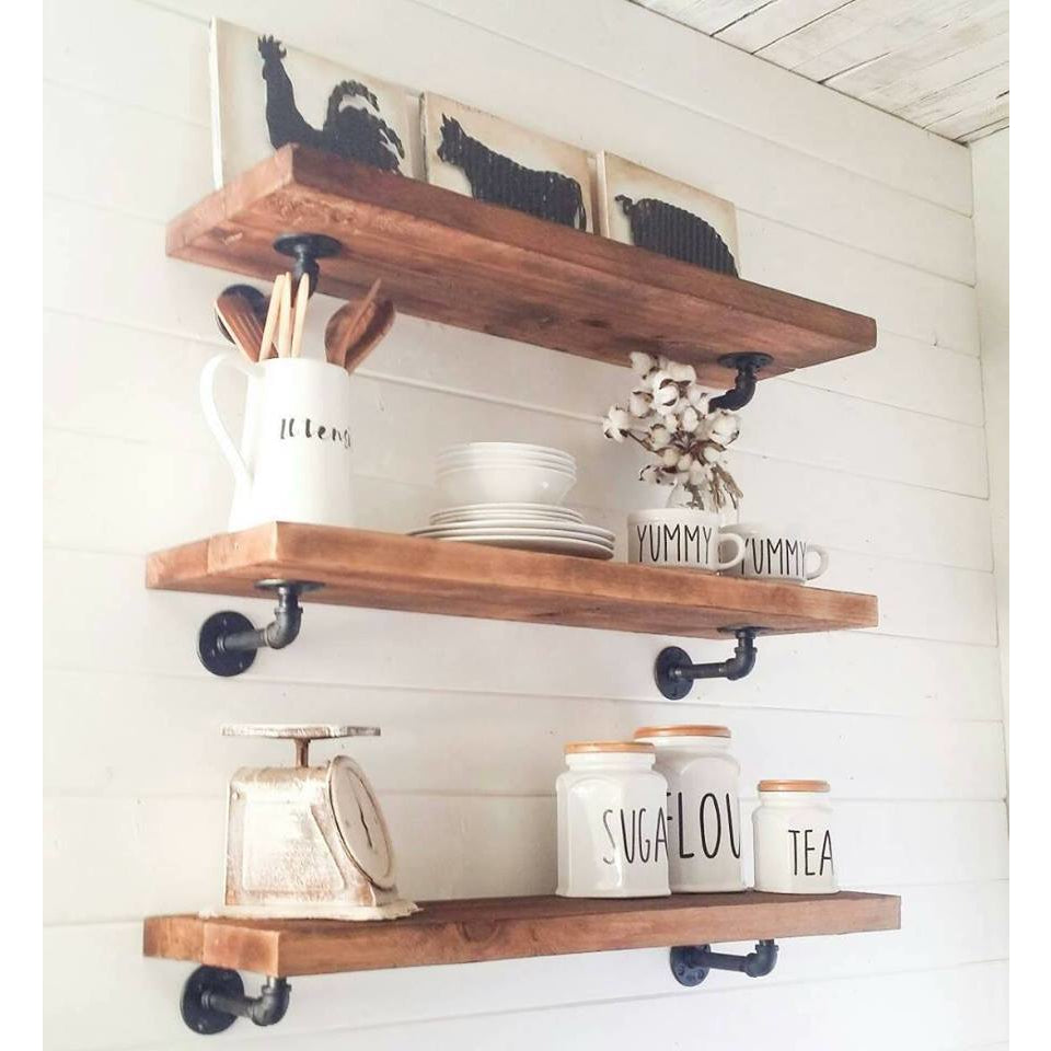 Long Rustic Floating Shelf, Farmhouse Rustic Shelve, Wood and Pipe