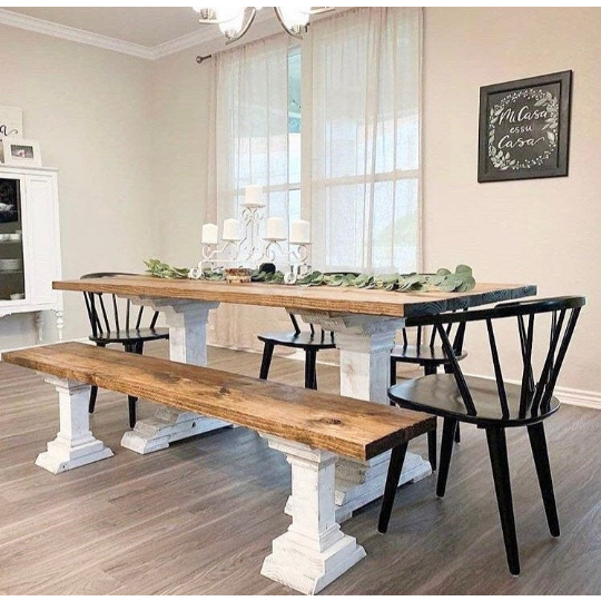 Amara Farmhouse Pedestal Table and Bench