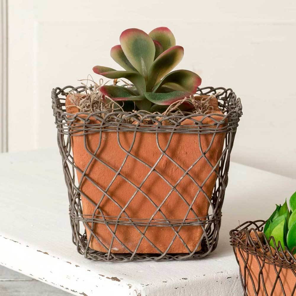 Woven Wire Square Basket with Terra Cotta Pot - Farmhouse Decor