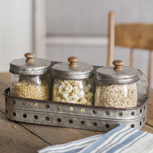 Three Glass Canisters with Storage Bin - Farmhouse Decor